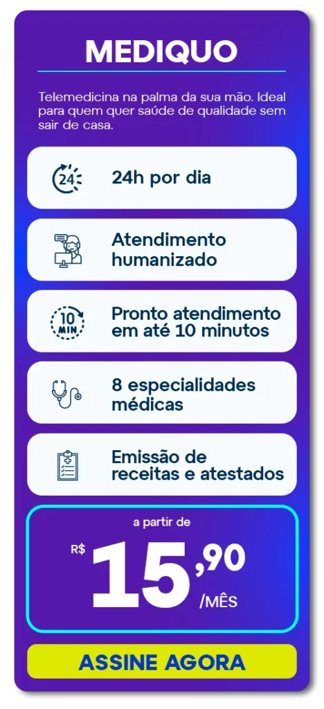 Card Informativo Do Serviço De Telemedicina Mediquo Oferecido Pela Gigalink: Consultas Online 24H, 8 Especialidades Médicas, Pronto Atendimento E Emissão De Receitas.