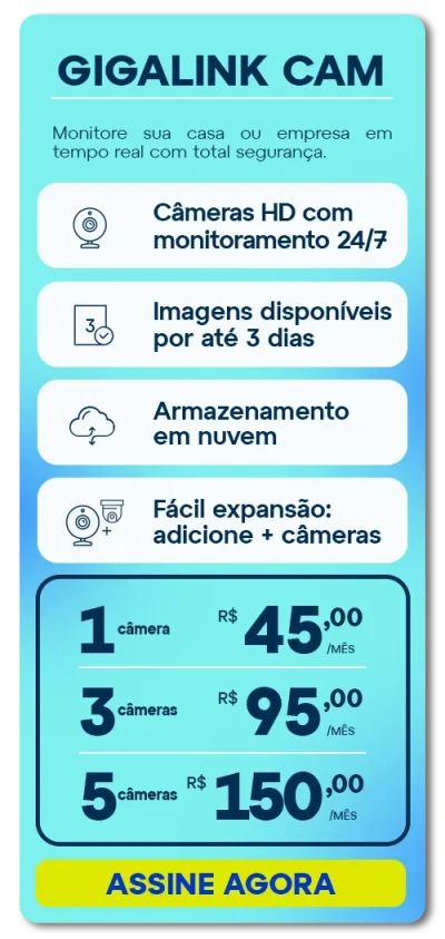 Card Informativo Do Serviço Gigalink Cam Detalhando Planos De Câmeras Hd Para Automonitoramento 24/7, Com Armazenamento Em Nuvem E Preços.