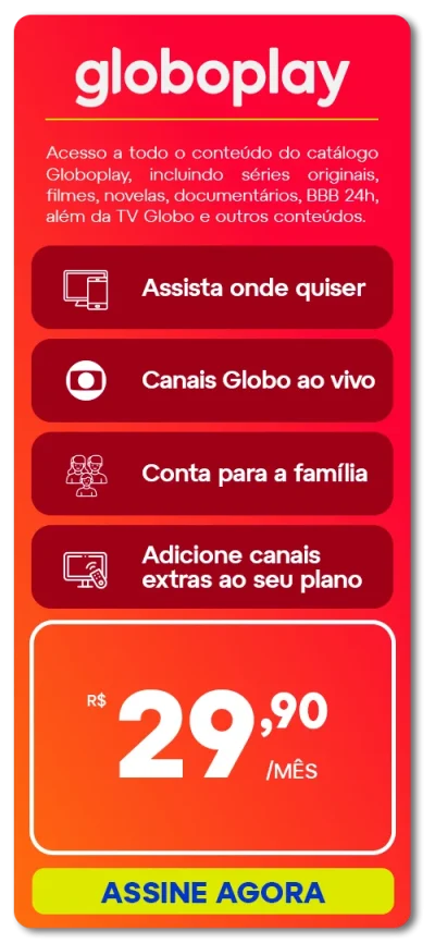 Card Informativo Sobre A Assinatura Globoplay Via Gigalink: Acesso A Filmes, Séries Originais, Novelas, Documentários, Bbb, Canais Globo Ao Vivo E Mais.