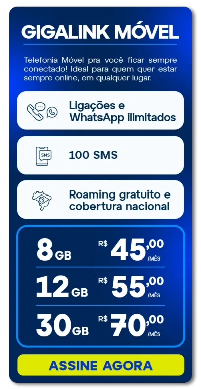 Card Informativo Dos Planos Gigalink Móvel: Telefonia Celular Com Opções De 8Gb, 12Gb Ou 30Gb De Internet, Whatsapp E Ligações Ilimitadas, E Cobertura Nacional.