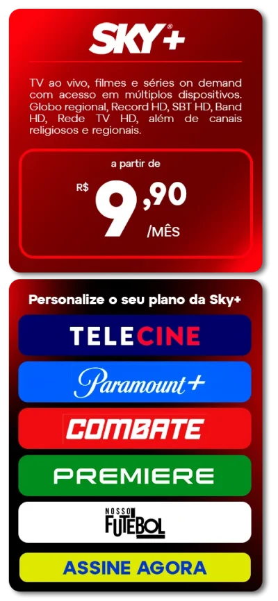 Card Informativo Sobre O Serviço Sky+ Via Gigalink: Tv Ao Vivo E Streaming De Filmes E Séries, Com Opções De Personalização Como Telecine, Paramount+ E Canais De Futebol.
