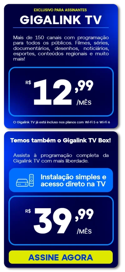 Card Informativo Sobre A Gigalink Tv: Mais De 150 Canais De Tv Por Assinatura Exclusivos Para Assinantes Gigalink, Com Opção De Gigalink Tv Box Para Acesso Direto Na Tv.