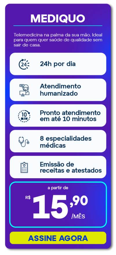 Card Informativo Do Serviço De Telemedicina Mediquo Oferecido Pela Gigalink: Consultas Online 24H, 8 Especialidades Médicas, Pronto Atendimento E Emissão De Receitas.